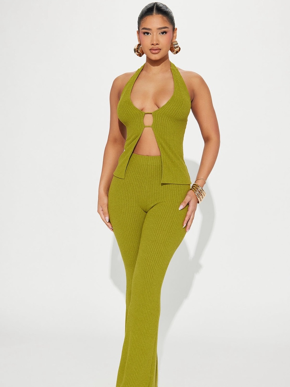 Fashion Nova Olive Ribbed Halter Two-Piece Set